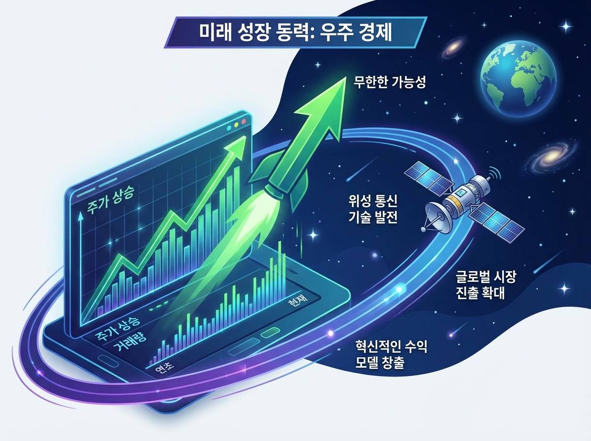 주식 차트 위에 우주 위성 궤도가 겹쳐진 인포그래픽