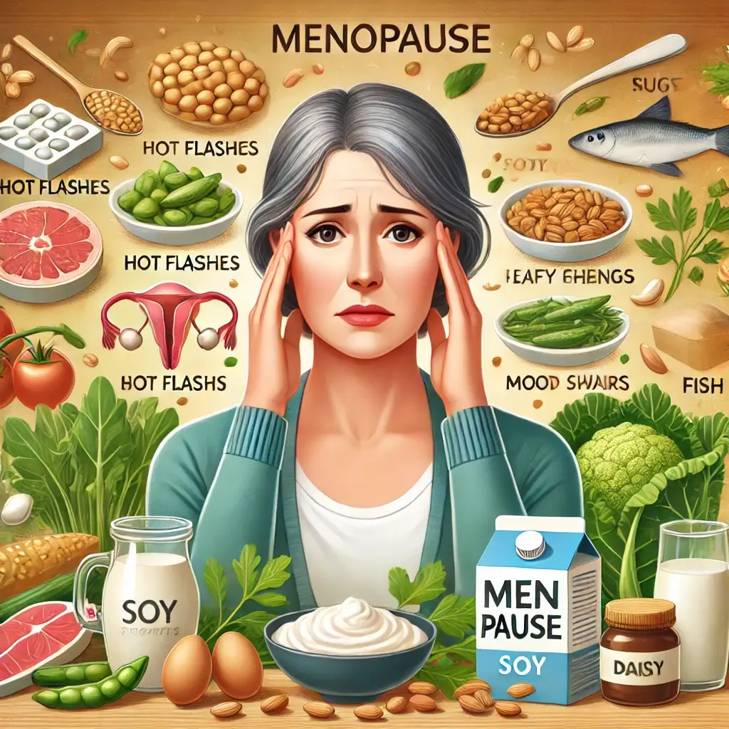 중년 여성이 두통을 겪는 듯 우울한 표정으로 앉아있으며 주위에는 갱년기에 좋은 콩, 시금치, 우유, 고등어 등이 있는 이미지