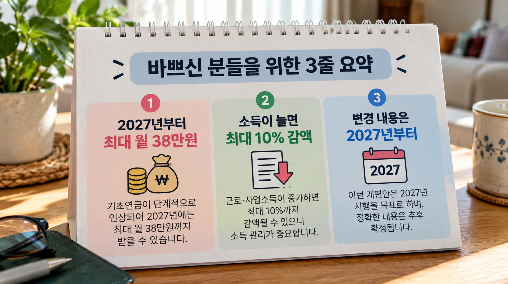 2027년 기초연금 월 38만원 인상안과 소득에 따른 감액 내용을 정리한 3줄 요약 인포그래픽
