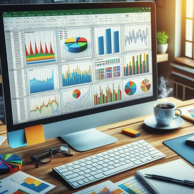 데이터를 분석하는 사무실 환경에서 다양한 그래프가 있는 화면을 본 사람들.