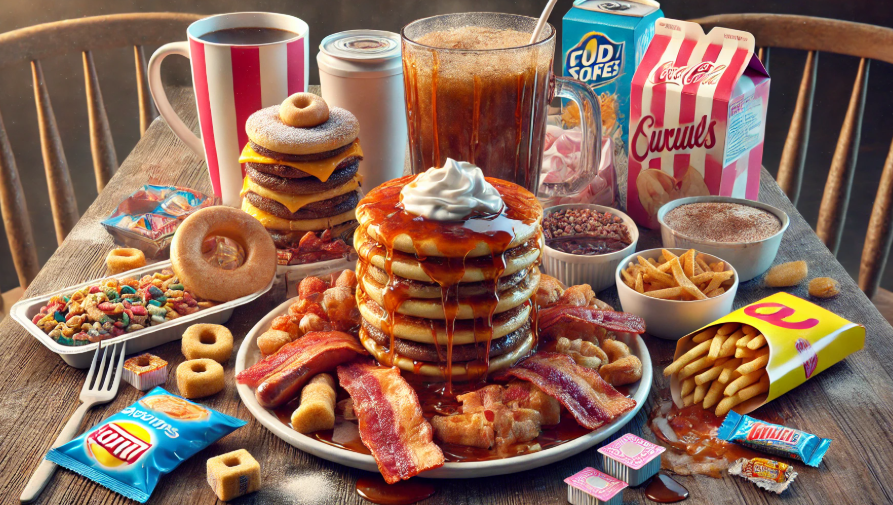 건강을 해치는 아침 식단을 그린 그림