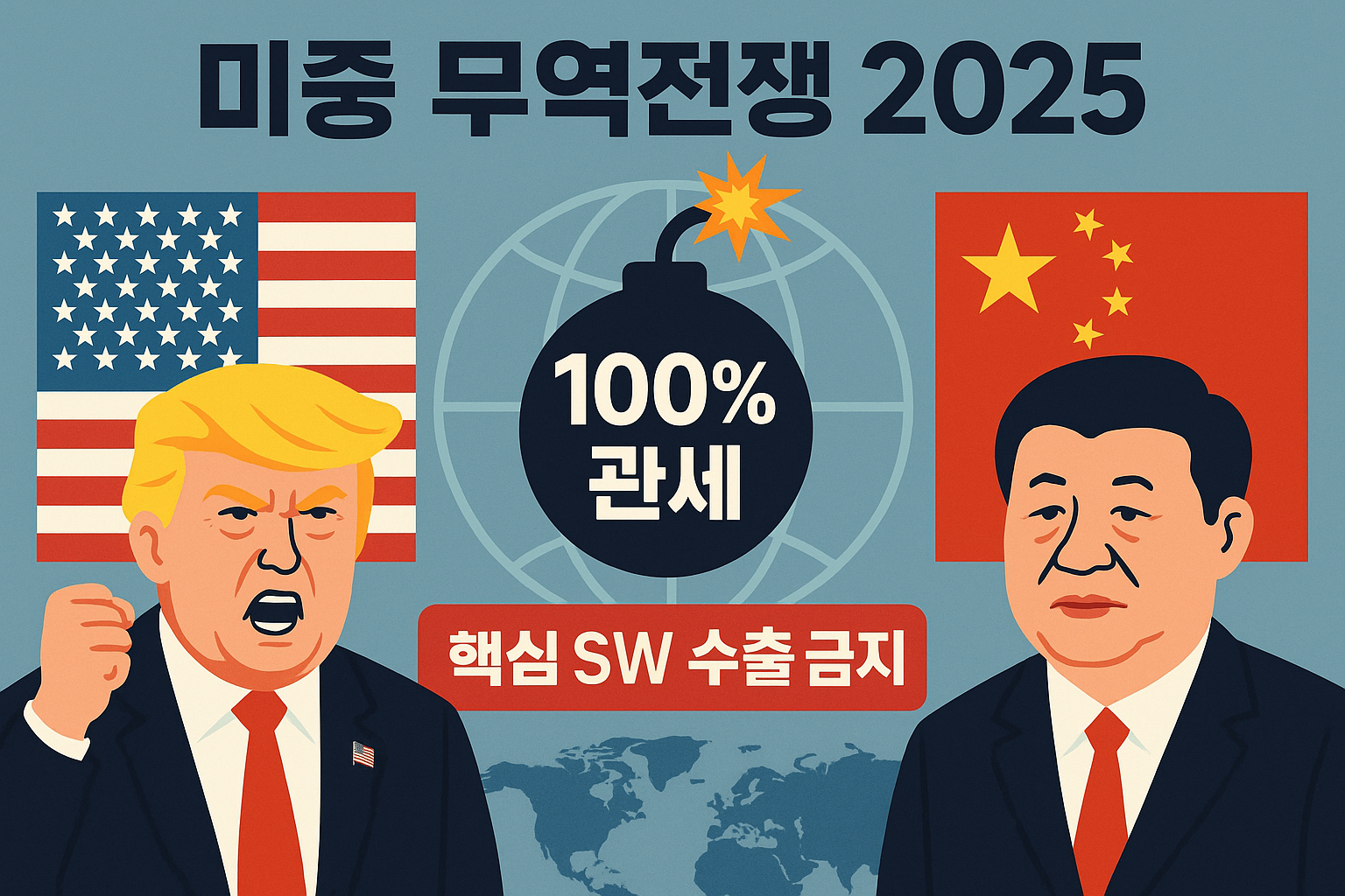 트럼프의 대중 추가관세와 중국의 희토류 수출 통제에 따른 글로벌 무역 긴장 인포그래픽