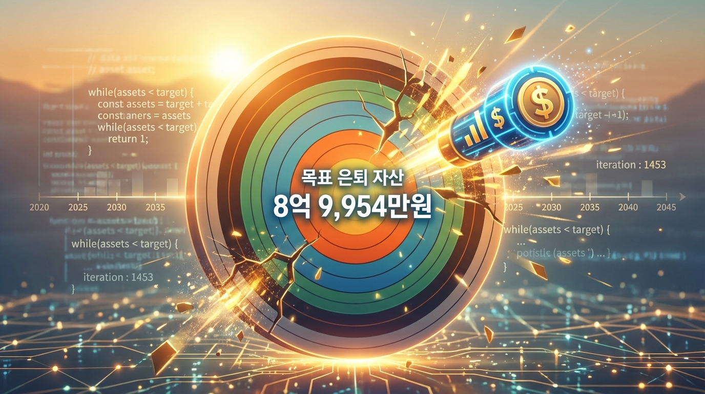 반복되는 코드 시뮬레이션 끝에 마침내 목표한 은퇴 자산 과녁을 뚫고 지나가는 쾌감 넘치는 모습