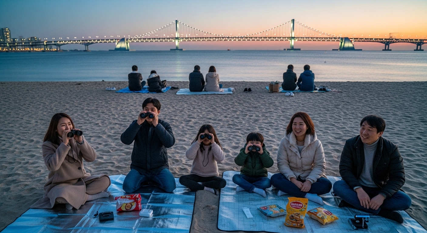 2025년 가을, 광안리 해변에서 돗자리를 펴고 드론쇼를 기다리는 가족들과 준비물 풍경