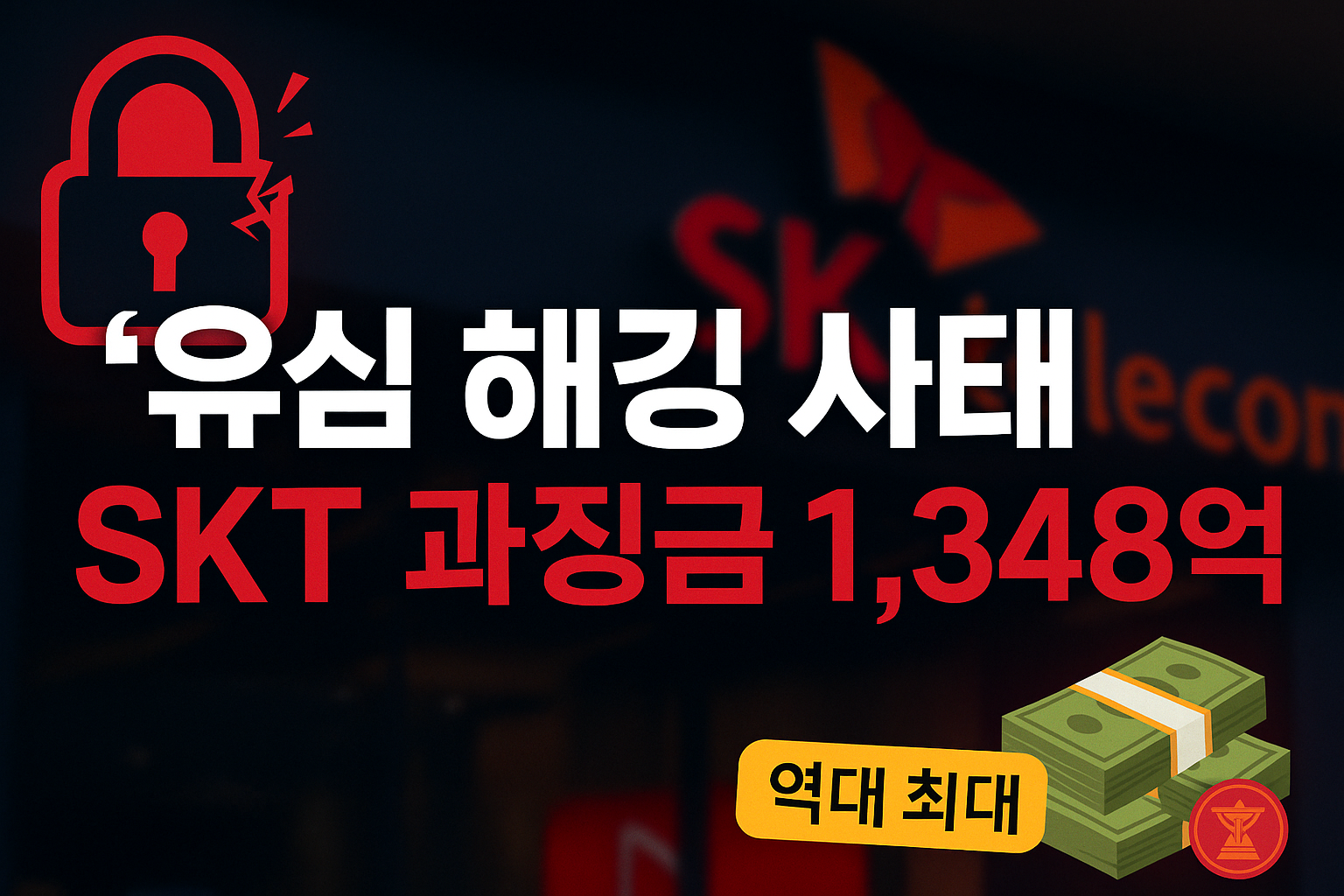 skt과징금 1348억원이라 쓰고 배경은 skt대리점 모습과 돈다발을 표현한 일러스트