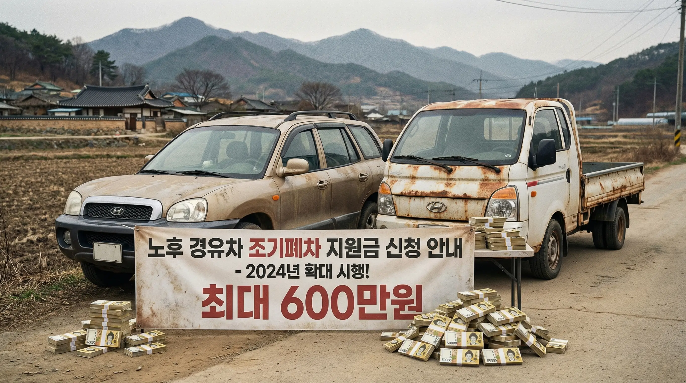 오래된 싼타페와 포터 차량 앞에 지원금 안내문과 돈다발이 놓여 있는 이미지