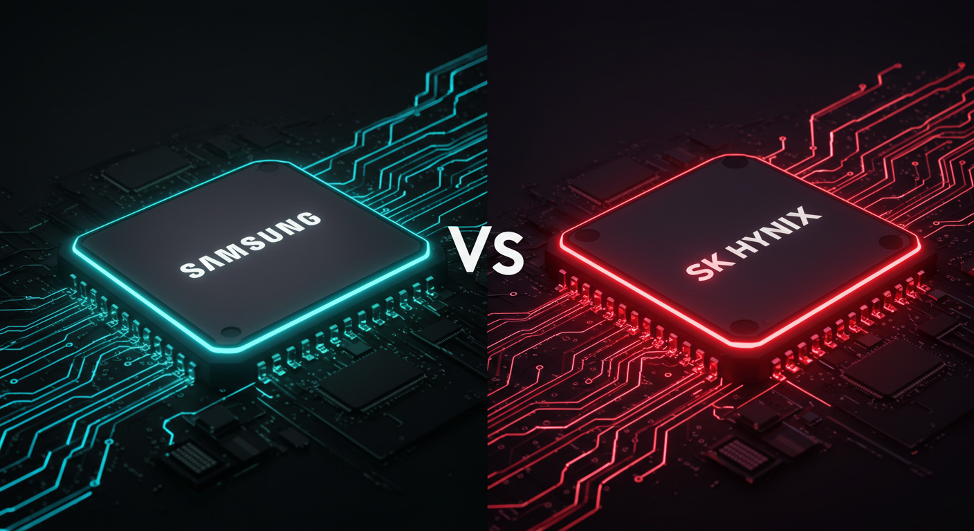 삼성전자와 SK하이닉스의 반도체 기술력을 비교하는 개념 이미지