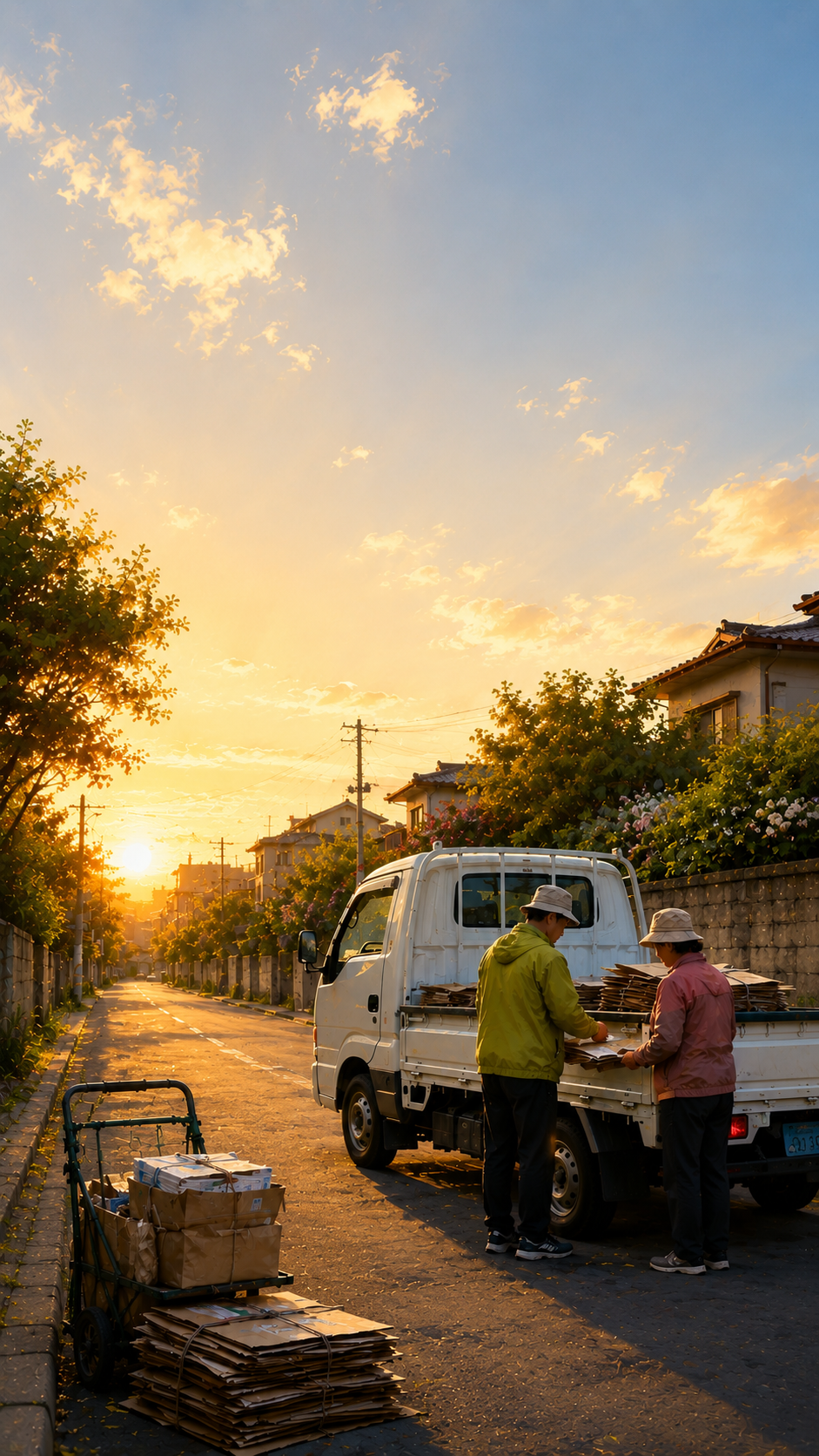 Elderly couple organizing cardboard beside a small white truck at sunset, reflecting on labor, dignity, and community.