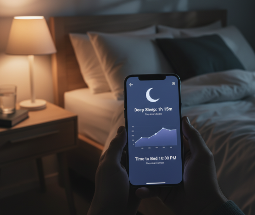 어두운 침실, 수면 앱 실행 화면