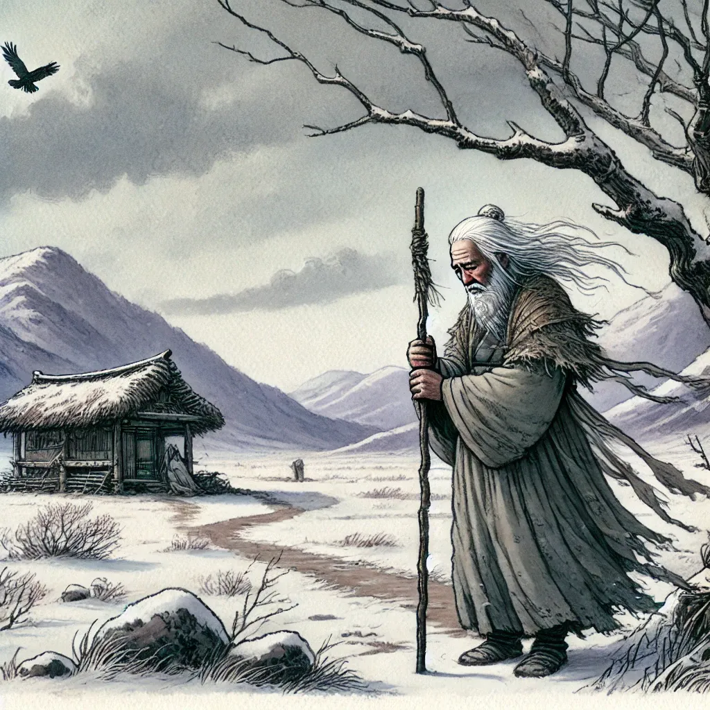 A sorrowful Korean scholar in exile during the Joseon Dynasty, standing alone in a barren, snow-covered northern landscape. His tattered hanbok flutte