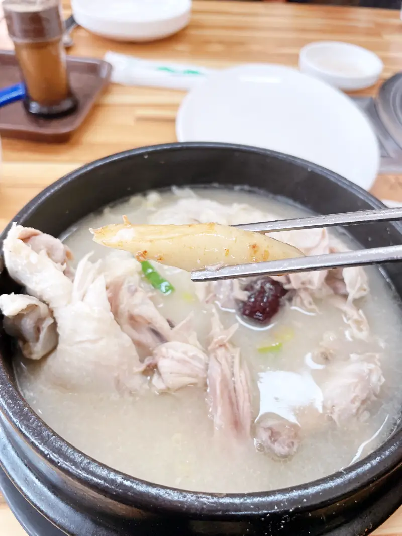 삼계탕에 인삼이 들어가 있는 모습
