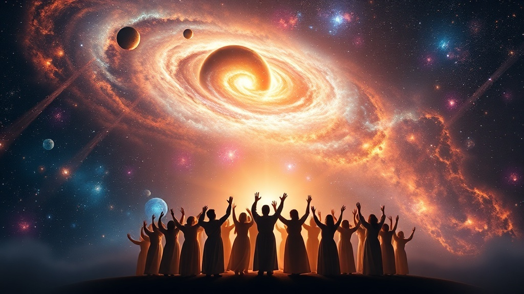 밤하늘의 찬란한 우주 은하수를 배경으로 수많은 사람들이 손을 맞잡고 환희를 노래하는 실루엣. 베토벤 합창교향곡의 '환희의 송가'가 상징하는 인류의 화합과 웅장한 감동을 시각적으로 형상화한 이미지