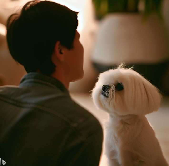 주인을 째려보는 강아지(made by Bing)