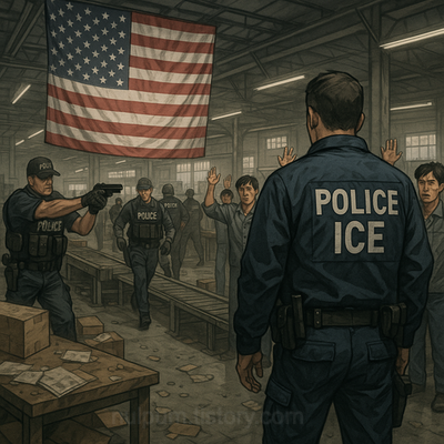 공장 급습을 상징적으로 표현한 이미지(예시).