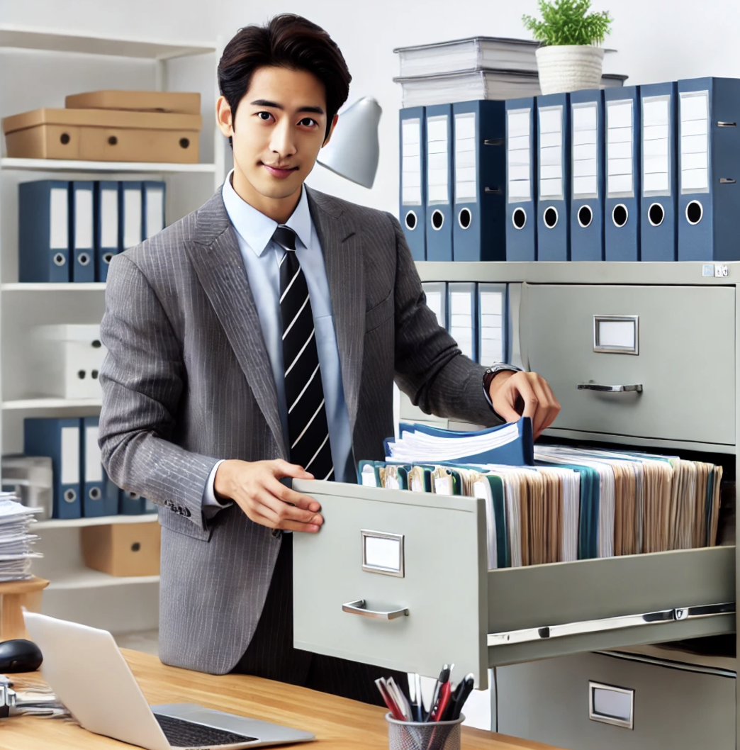 사업 서류를 파일 캐비닛에 보관하는 사업자