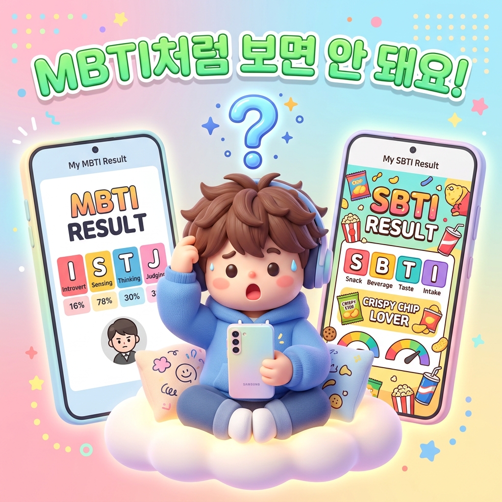MBTI와 SBTI 테스트 결과를 잘못 비교하여 당황하는 모습을 그린 썸네일 이미지