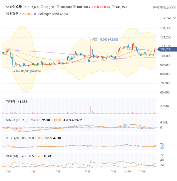 SK바이오팜 일봉 차트 자세히