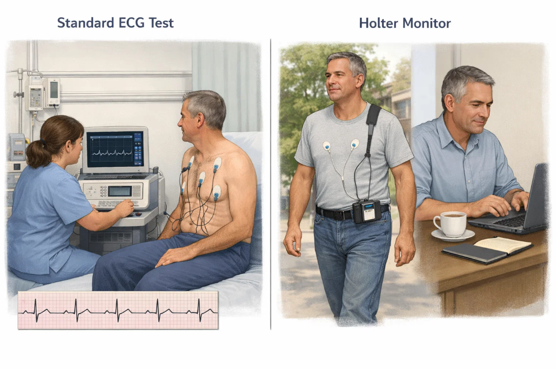 병원에서 시행하는 일반 심전도 검사와 일상생활 중 기록하는 홀터 검사 방식 비교