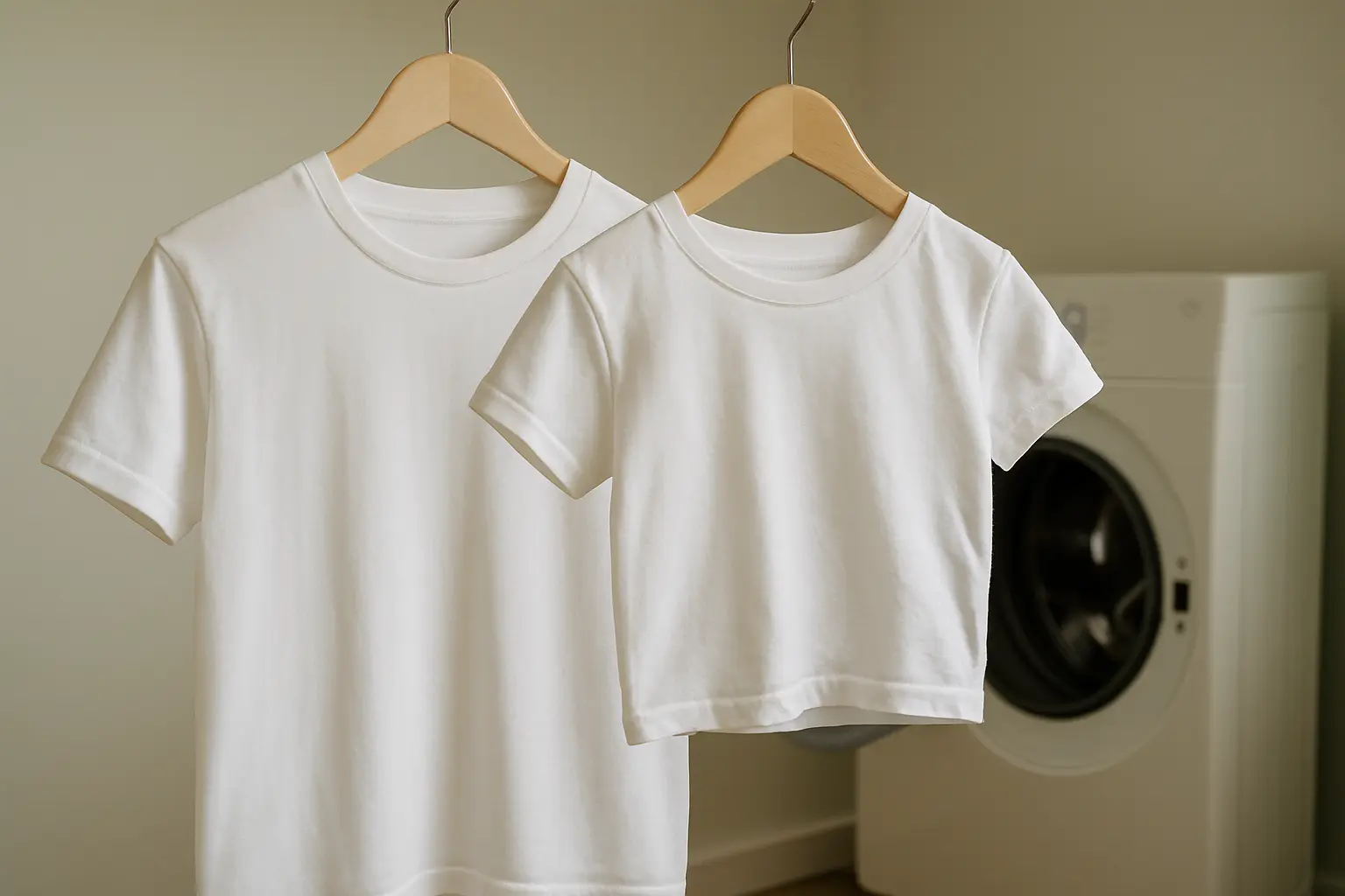 세탁실-배경의-전면-도어-형-건조기-앞에-나란히-걸린-두-벌의-흰색-면티셔츠-왼쪽은-원래-크기,오른쪽은-건조-후-눈에-띄게-작아지고-주름진-모습