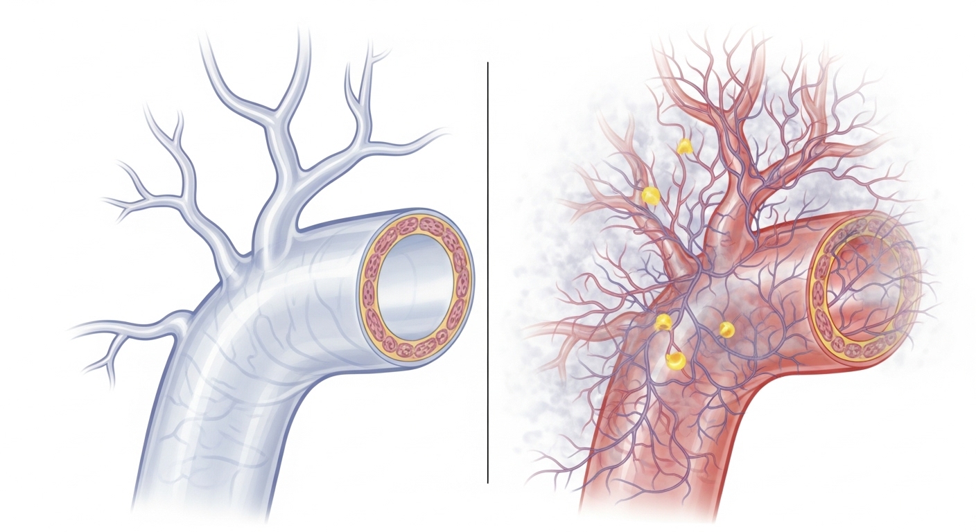 건강한 뇌혈관과 모야모야병으로 인해 연기처럼 피어나는 비정상적인 뇌혈관을 비교한 의료 삽화