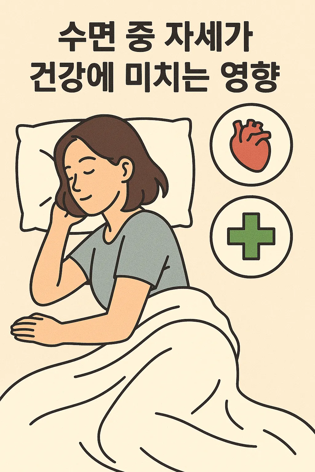 건강 아이콘과 함께 옆으로 누워 자는 여성의 수면 자세 삽화