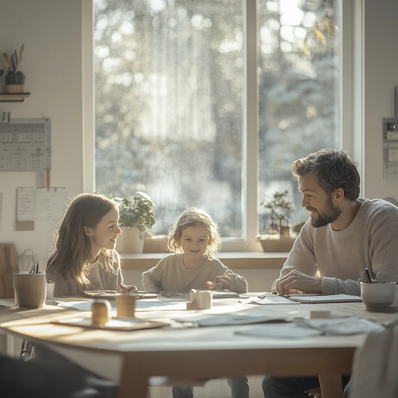 가족이 따뜻한 주방 테이블에서 햇빛을 받으며 장기 투자 계획에 대해 이야기한다. 편안함과 사려 깊은 고려가 돋보이는 장면이다.