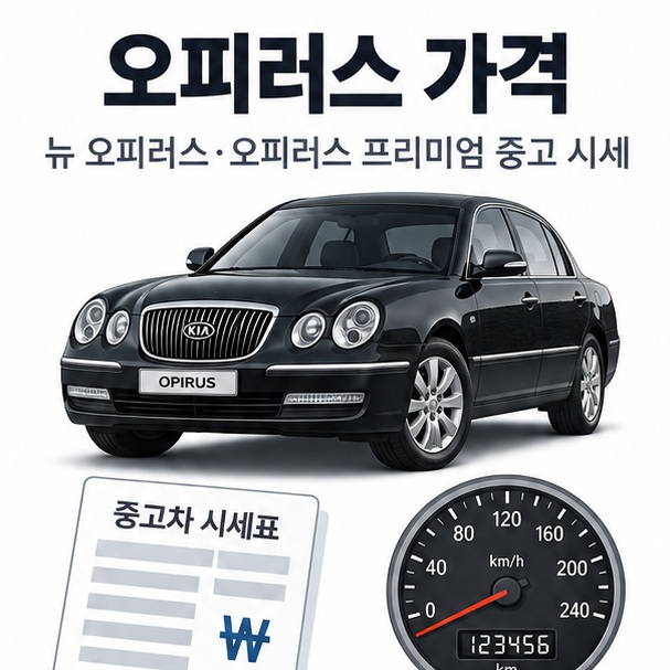 기아 오피러스 세단과 중고차 가격표 주행거리 계기판을 배경으로 오피러스 가격이라는 글자가 중앙에 놓인 중고차 시세 인포그래픽