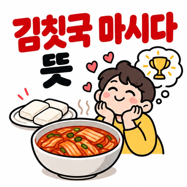 떡과 김칫국 그릇 옆에 김칫국 마시다 뜻 문구를 크게 보여주는 대표 카드