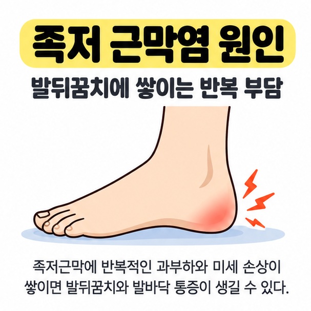 족저 근막염 원인 문구 아래 발뒤꿈치에 통증 표시를 넣어 반복적인 과부하와 미세 손상을 설명한 그림