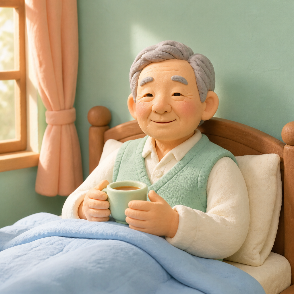 햇살 드는 침실 침대에서 담요를 덮고 따뜻한 차를 마시는 할아버지
