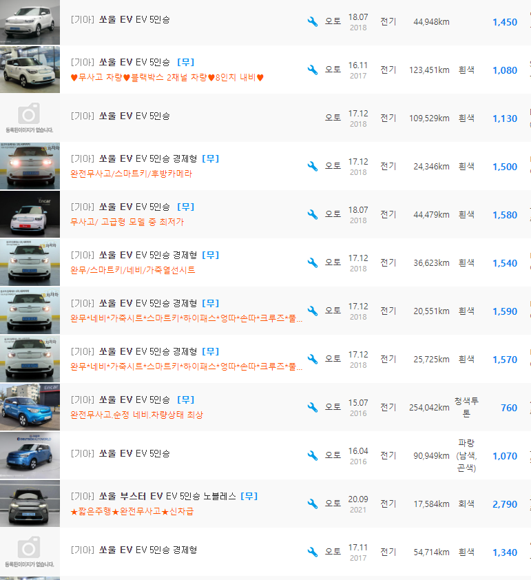 쏘울 EV 전기 등급 중고차 시세 : 760만원 ~ 2,800만원