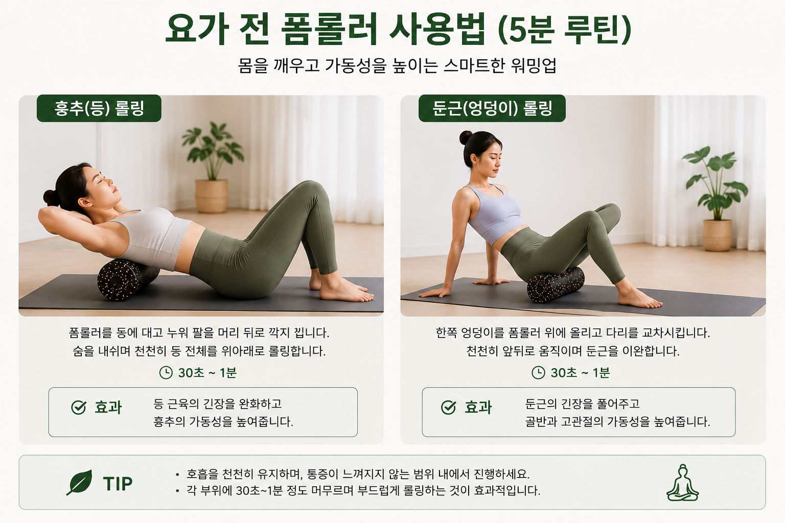 요가 전 흉추와 둔근을 풀어주는 폼롤러 사용법