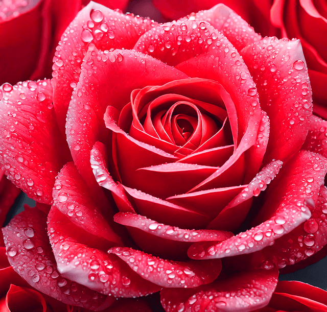 아주 커다란 분홍색 장미 한 송이가 피었다. 투명한 물방울들이 꽃잎 가득 있다.