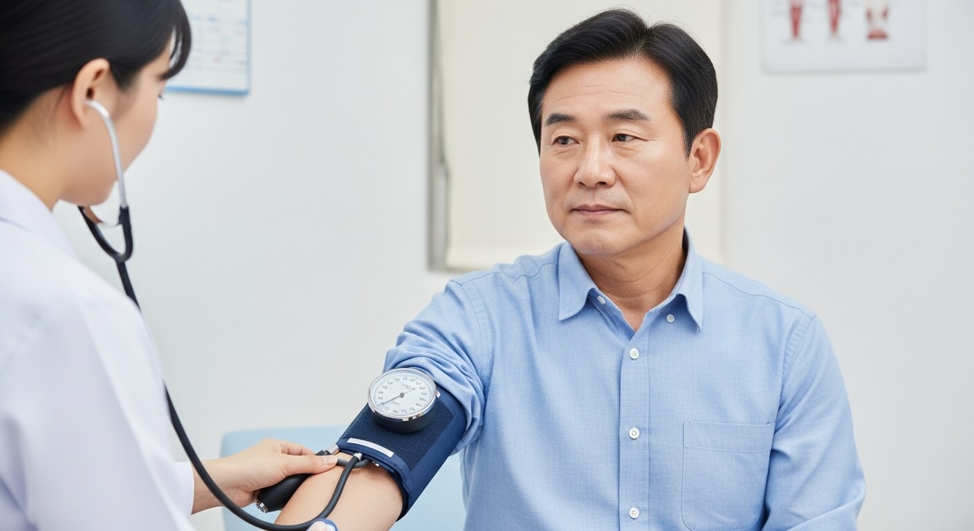 남성이 진료실에서 의사에게 혈압 검사를 받는 장면