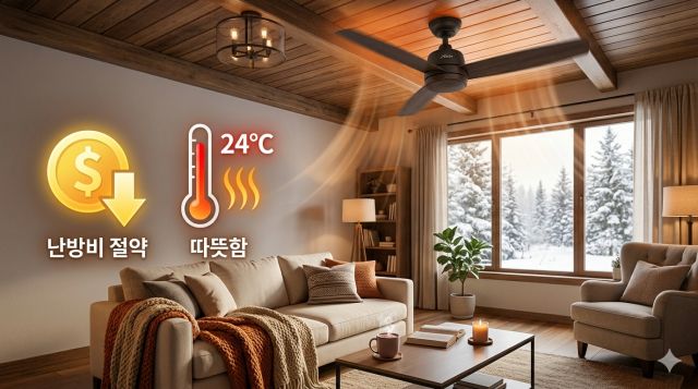 실링팬 겨울철 난방비 절약 효과를 설명하는 거실 이미지, 시계 방향 회전과 따뜻한 공기 순환 구조 포함