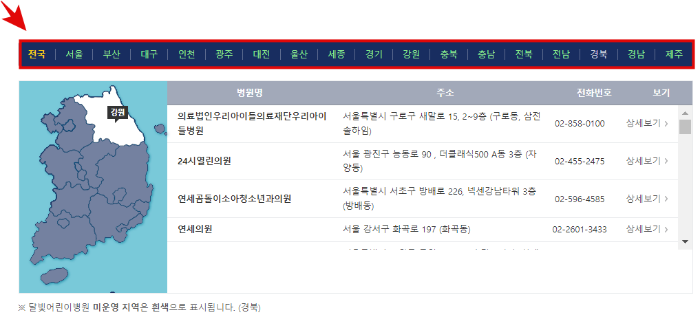 달빛어린이병원 찾고자 하는 지역 선택