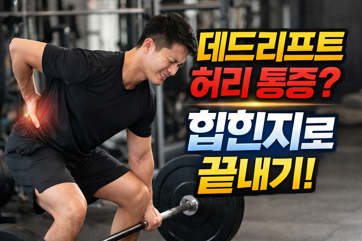 데드리프트 중 잘못된 힙힌지와 바 경로로 인해 허리 통증이 발생하는 헬스장 운동 장면
