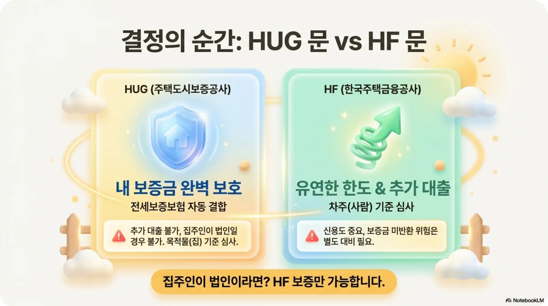 버팀목전세자금대출 보증기관 HUG와 HF를 비교한 이미지. HUG는 보증금 완벽 보호(추가대출 불가, 법인 불가)이고 HF는 유연한 한도와 추가대출 가능(신용도 기준 심사)이라는 차이를 시각적으로 전달하며, 블로그의 버팀목전세자금대출 보증기관 선택과 관련된 내용을 설명함
