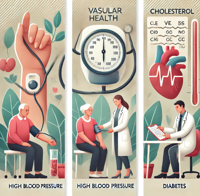 치매 예방과 혈관 건강
고혈압 (왼쪽)-노인이 집에서 혈압을 측정하는 모습 → 꾸준한 혈압 관리가 혈관성 치매 예방에 중요함을 상징.
당뇨 (가운데)-혈당 측정기를 사용해 당 수치를 확인하는 장면 → 혈당 조절은 뇌혈관 손상과 치매 위험을 줄이는 데 도움.
콜레스테롤 (오른쪽)-의사가 환자에게 콜레스테롤 수치를 설명하는 장면 → 건강한 콜레스테롤 수치 유지가 뇌 건강에 필수적임을 표현.