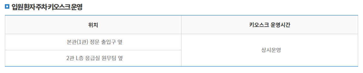 입원환자 주차 키오스크 운영 안내