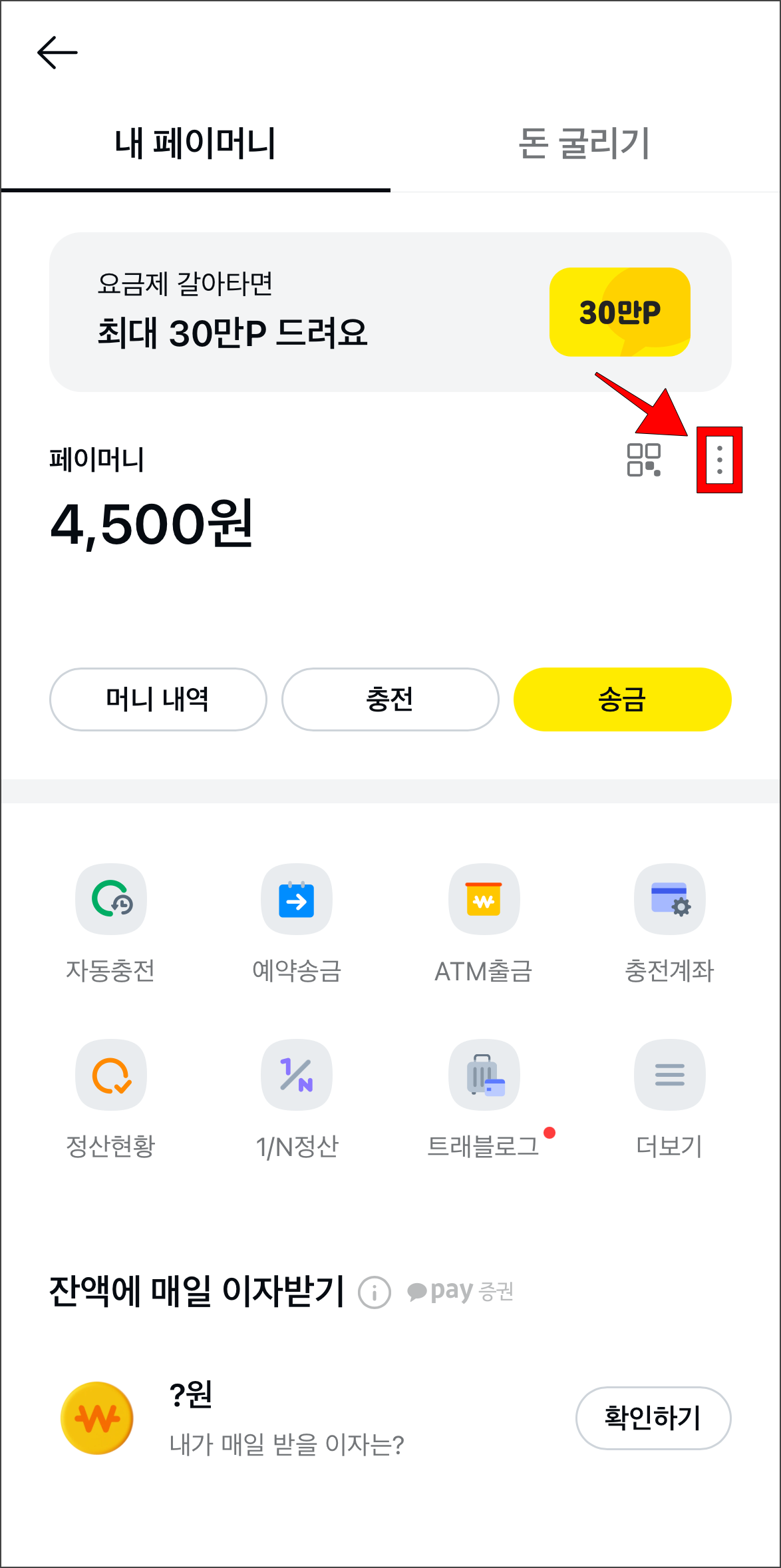 내 페이머니 메뉴에서 [⋮] 버튼을 선택