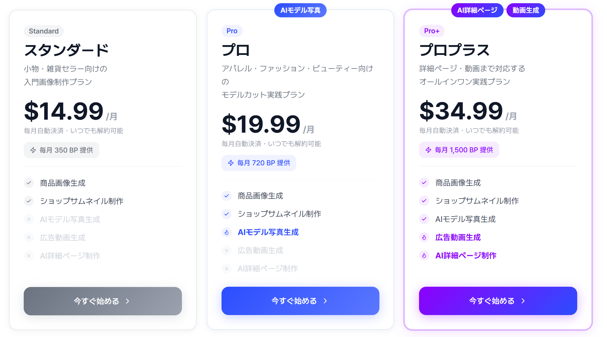 ドラップアートの3つの料金プランの対象者とメイン機能がわかる構成カード