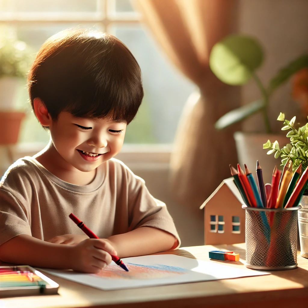 6살 정도 된 한국 아이가 햇볕이 드는 방에서 작은 책상에 앉아 크레용으로 그림을 그리고 있는 모습, 주위에는 미술 용품과 따뜻하고 밝은 분위기가 조화를 이룸