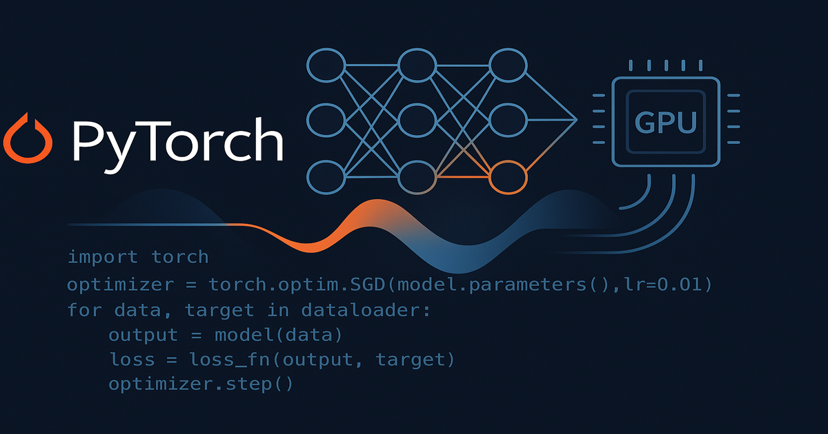 PyTorch deep learning framework tutorial guide showing neural network architecture, GPU acceleration, and model deployment workflow