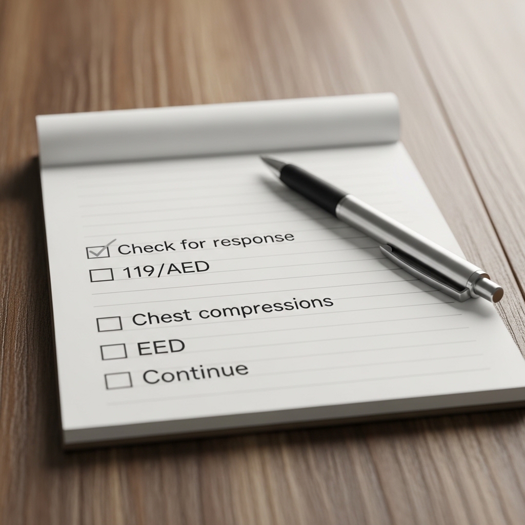 심폐소생술 순서를 체크하며 진행하는 것을 상징한 메모 정물 이미지