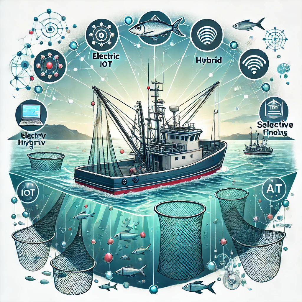 이 이미지는 친환경 어업 기술을 통해 어업 생산성을 높이는 모습을 묘사합니다. 전기 및 하이브리드 엔진을 갖춘 어선이 IoT와 AI 시스템을 통해 어획물을 추적하고, 부수어획을 줄이는 선택적 어망을 사용하고 있습니다. 깨끗한 바다와 다양한 해양 생물이 어우러져 지속 가능한 어업 방식이 환경 보호와 생산성 향상에 기여하는 모습을 상징적으로 표현하고 있습니다.
