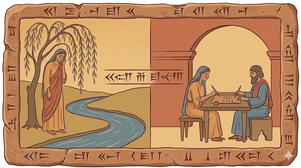 바빌론 강에서 우는 유대인과 서판을 작성하는 유대인