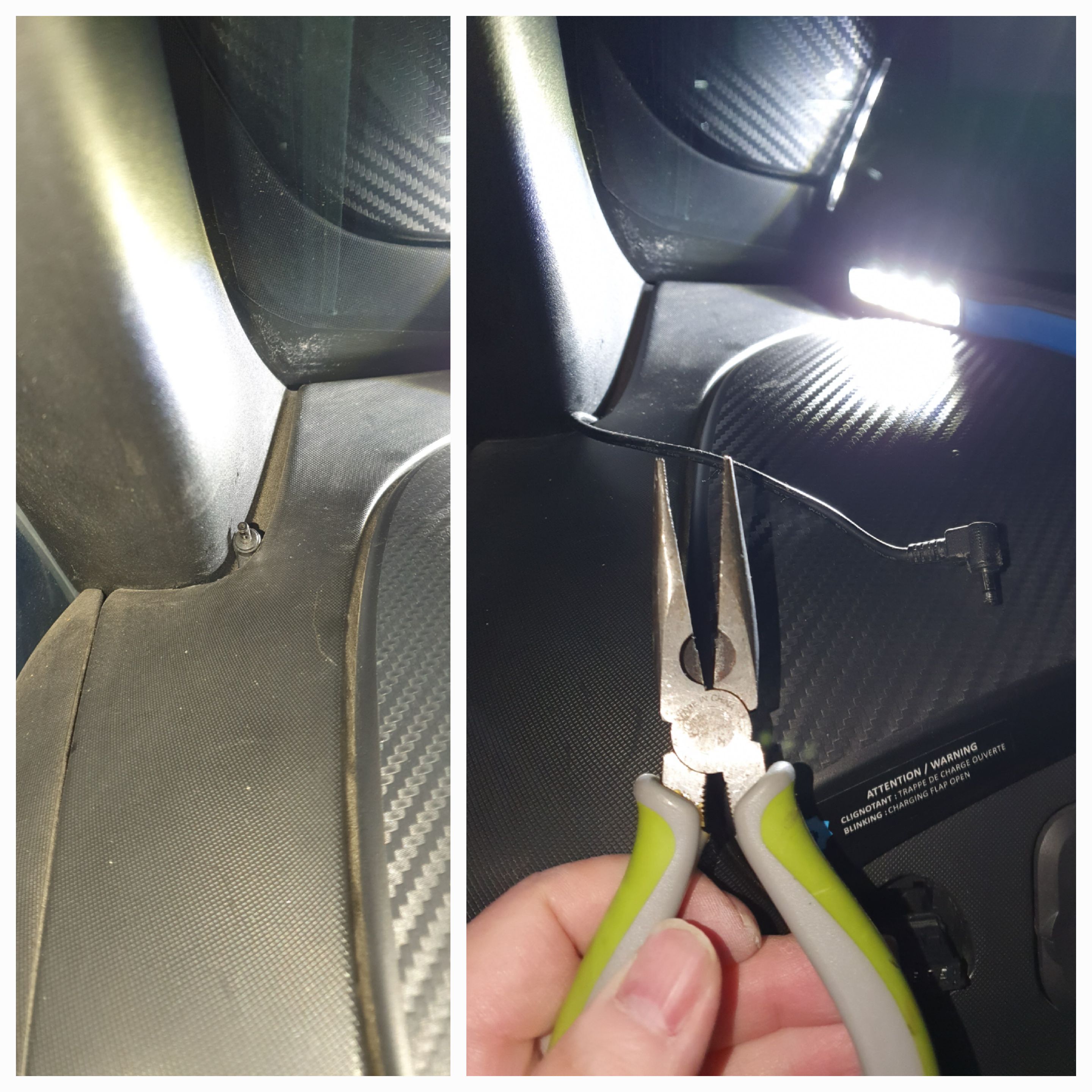 블랙박스 전원선을 뺄때, 1차로 틈새에 전원선을 끼우고, 그담에 롱노우즈 펜치로 잡아 당기면 된다.