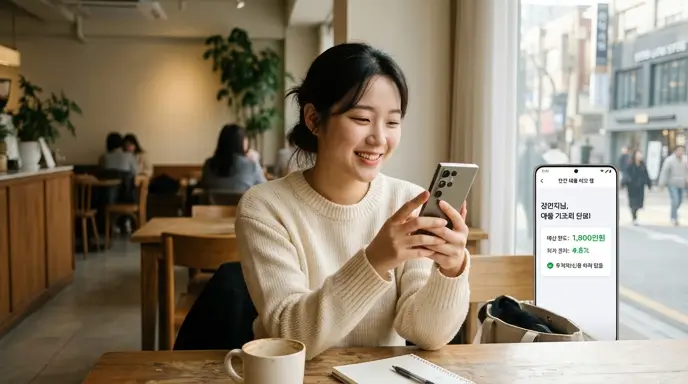 스마트폰 안전 대출 비교 앱을 이용하여 무직자도 신용 하락 없이 최적의 대출 한도를 가조회하고 안도하는 모습