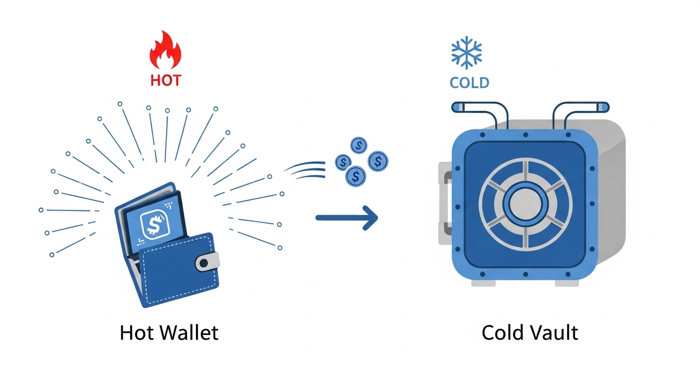 핫월렛과 콜드월렛의 차이를 보여주는 그림. 인터넷에 연결된 작은 핫월렛과 오프라인의 거대한 콜드월렛 금고가 대조를 이루며, 고객 자산의 대부분이 콜드월렛에 안전하게 보관됨을 시각적으로 설명.